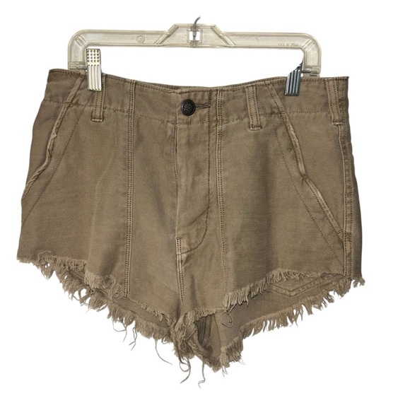 Free People High Waist Cream and Tan Shorts with Distressed Hem - Picture 1 of 9